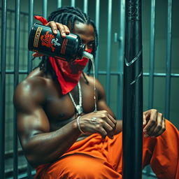 A close-up of a muscular African American gang member with cornrows sitting in a prison cell