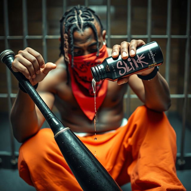 A close-up of a muscular African American gang member with cornrows sitting in a prison cell