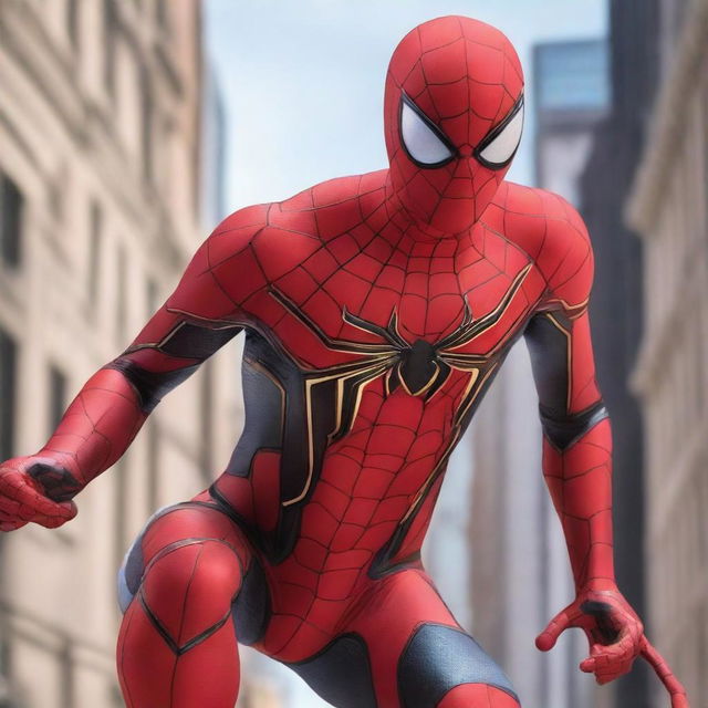 Create an image of the Iron Spider, Spiderman's technologically advanced suit designed by Tony Stark, situated in a dramatic action pose amidst the towering buildings of New York City