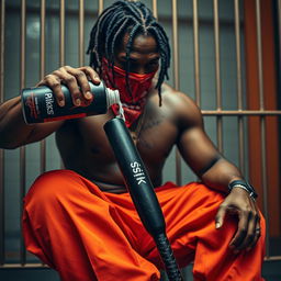 A close-up of a muscular African American gang member with cornrows sitting in a prison cell