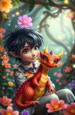 A whimsical scene featuring a male pixie with dark hair and striking green eyes, playfully interacting with a small, dwarfed dragon