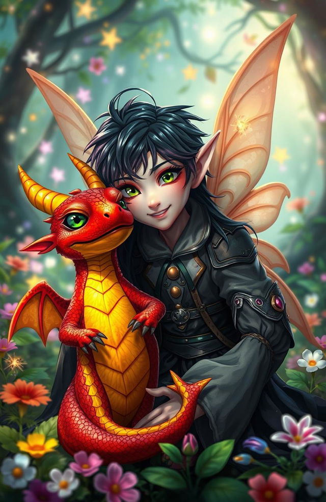 A whimsical scene featuring a male pixie with dark hair and striking green eyes, playfully interacting with a small, dwarfed dragon