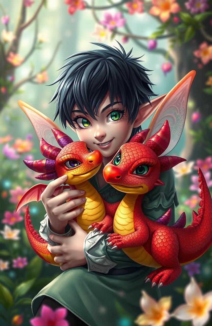 A whimsical scene featuring a male pixie with dark hair and striking green eyes, playfully interacting with a small, dwarfed dragon