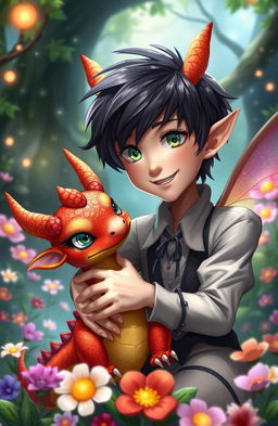 A whimsical scene featuring a male pixie with dark hair and striking green eyes, playfully interacting with a small, dwarfed dragon