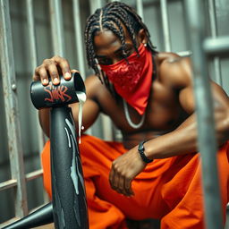 A close-up of a muscular African American gang member sitting in a prison cell