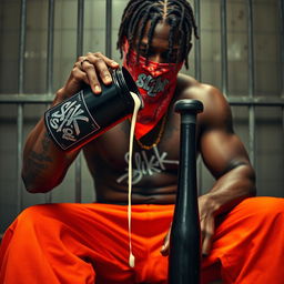 A close-up of a muscular African American gang member sitting in a prison cell
