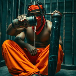 A close-up of a muscular African American gang member sitting in a prison cell