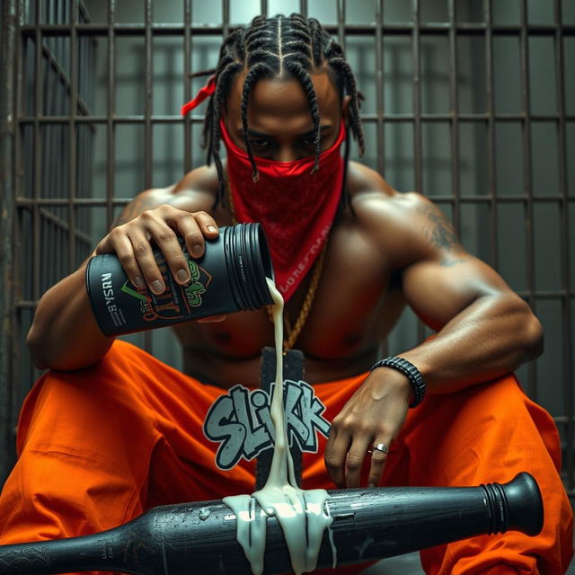 A close-up of a muscular African American gang member sitting in a prison cell