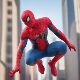 Create an image of the Iron Spider, Spiderman's technologically advanced suit designed by Tony Stark, situated in a dramatic action pose amidst the towering buildings of New York City