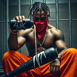 A close-up image of a muscular African American gang member sitting in a prison cell