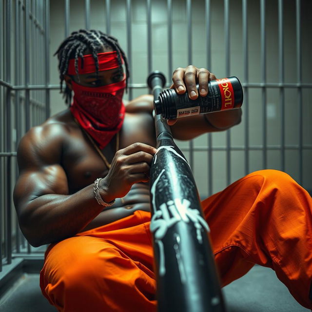 A close-up image of a muscular African American gang member sitting in a prison cell