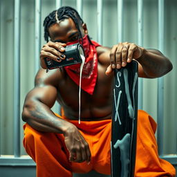 A close-up image of a muscular African American gang member sitting in a prison cell