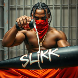 A close-up image of a muscular African American gang member sitting in a prison cell