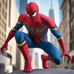 Create an image of the Iron Spider, Spiderman's technologically advanced suit designed by Tony Stark, situated in a dramatic action pose amidst the towering buildings of New York City