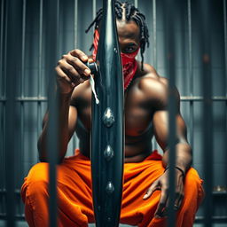 A dramatic close-up of a muscular African American gang member sitting in a prison cell