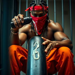 A dramatic close-up of a muscular African American gang member sitting in a prison cell