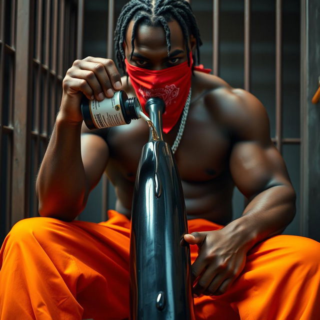 A dramatic close-up of a muscular African American gang member sitting in a prison cell