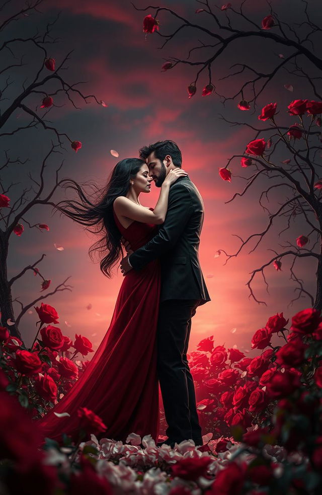 A dramatic and intense romantic scene featuring two lovers in a passionate embrace amidst a background of blood-red roses