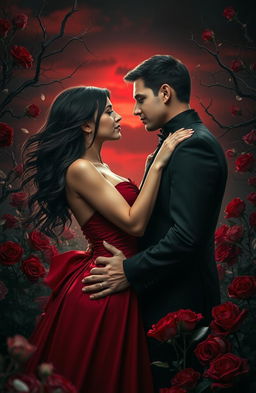 A dramatic and intense romantic scene featuring two lovers in a passionate embrace amidst a background of blood-red roses