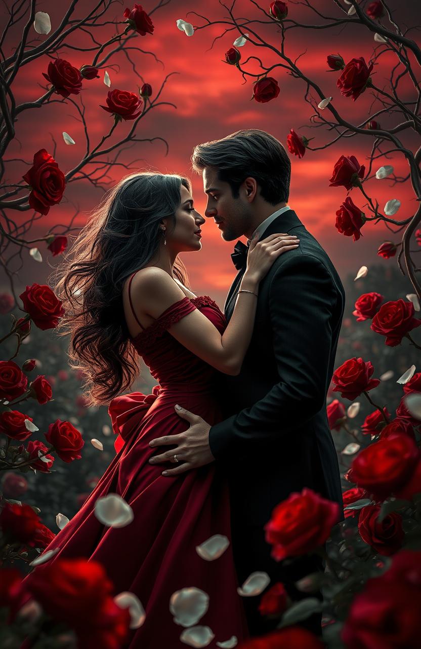 A dramatic and intense romantic scene featuring two lovers in a passionate embrace amidst a background of blood-red roses