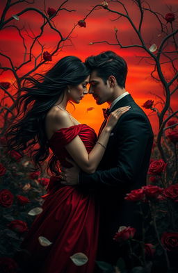 A dramatic and intense romantic scene featuring two lovers in a passionate embrace amidst a background of blood-red roses