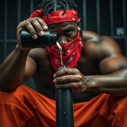 A dramatic close-up of a muscular African American gang member, featuring baggy orange pants and a red bandana mask covering his mouth and nose
