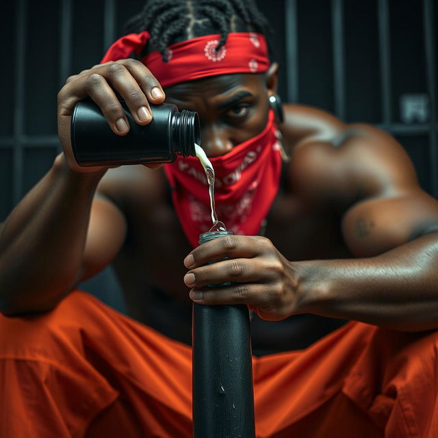 A dramatic close-up of a muscular African American gang member, featuring baggy orange pants and a red bandana mask covering his mouth and nose