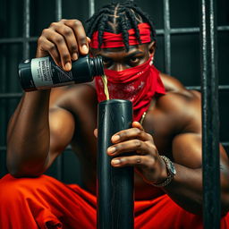 A dramatic close-up of a muscular African American gang member, featuring baggy orange pants and a red bandana mask covering his mouth and nose