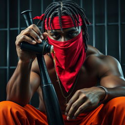 A dramatic close-up of a muscular African American gang member, featuring baggy orange pants and a red bandana mask covering his mouth and nose