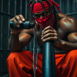 A dramatic close-up of a muscular African American gang member, featuring baggy orange pants and a red bandana mask covering his mouth and nose