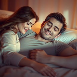 A serene scene depicting a man comfortably lying on a woman's chest, both enjoying a tranquil moment together