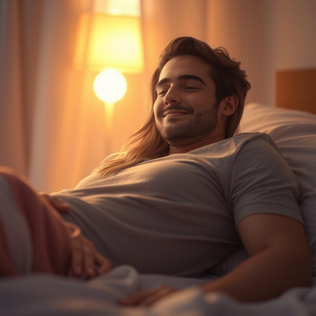 A serene scene depicting a man comfortably lying on a woman's chest, both enjoying a tranquil moment together
