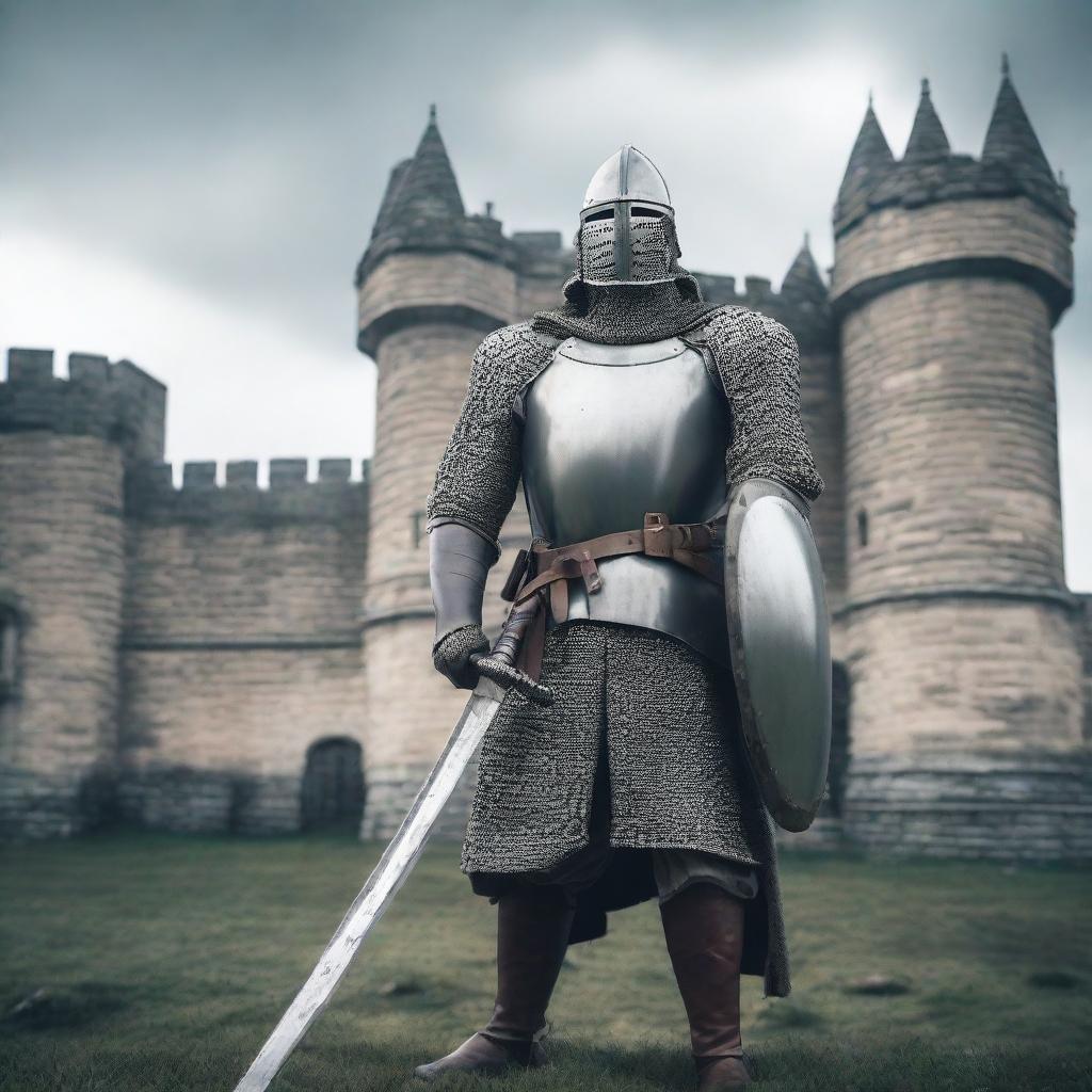 Generate an image of a medieval soldier, armed with a long sword and shield, standing stoically in front of an ancient castle under a gray overcast sky