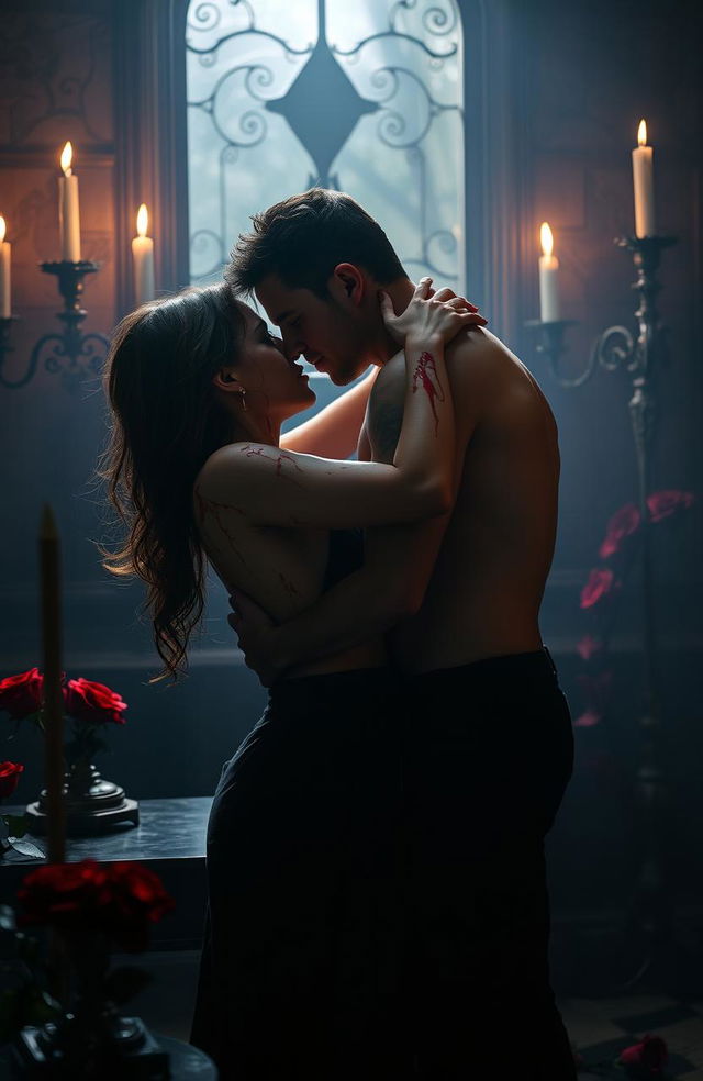 A passionate scene set in a dimly lit, gothic-style room, where two lovers are entwined in a fierce embrace