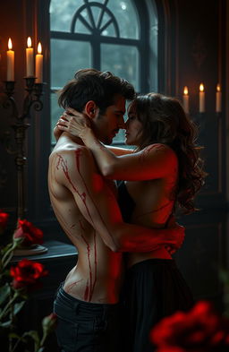 A passionate scene set in a dimly lit, gothic-style room, where two lovers are entwined in a fierce embrace