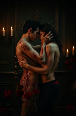A passionate scene set in a dimly lit, gothic-style room, where two lovers are entwined in a fierce embrace