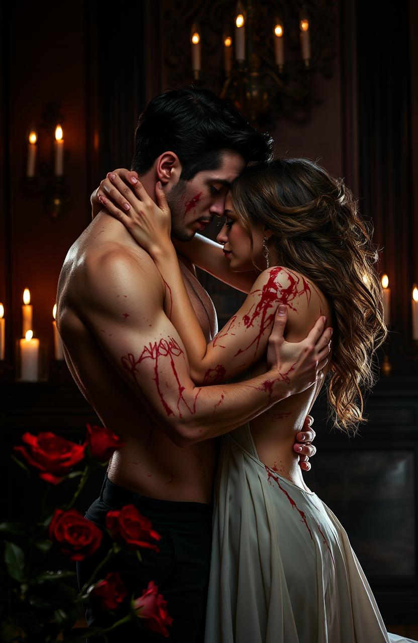 A passionate scene set in a dimly lit, gothic-style room, where two lovers are entwined in a fierce embrace