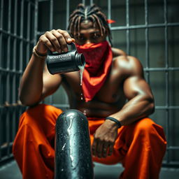 A close-up image of a muscular African American gang member sitting in a prison cell