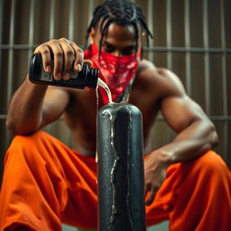 A close-up image of a muscular African American gang member sitting in a prison cell