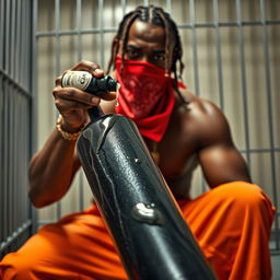 A close-up image of a muscular African American gang member sitting in a prison cell