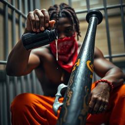 A close-up image of a muscular African American gang member sitting in a prison cell