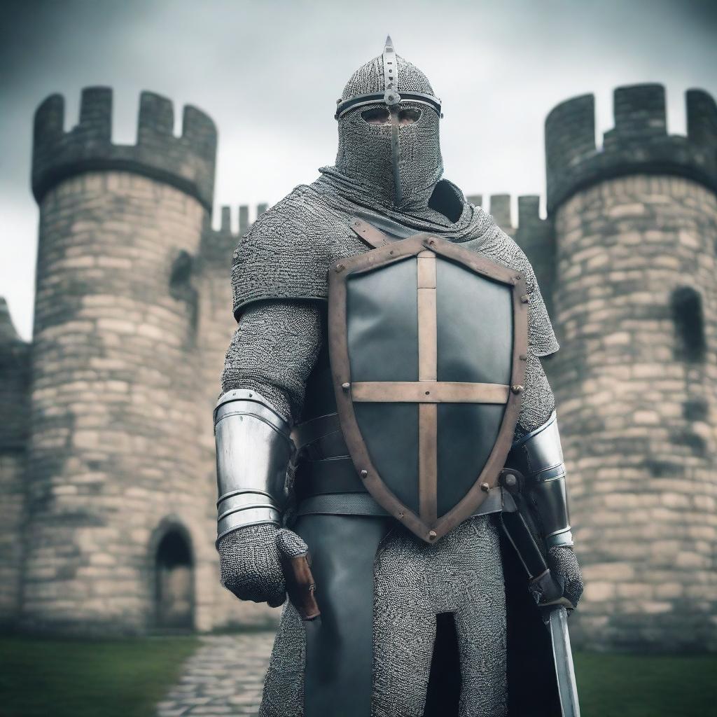 Generate an image of a medieval soldier, armed with a long sword and shield, standing stoically in front of an ancient castle under a gray overcast sky