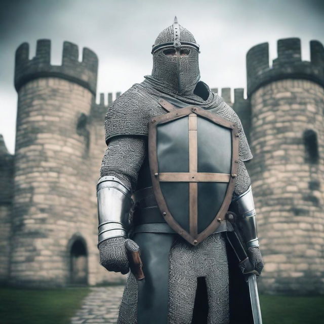 Generate an image of a medieval soldier, armed with a long sword and shield, standing stoically in front of an ancient castle under a gray overcast sky
