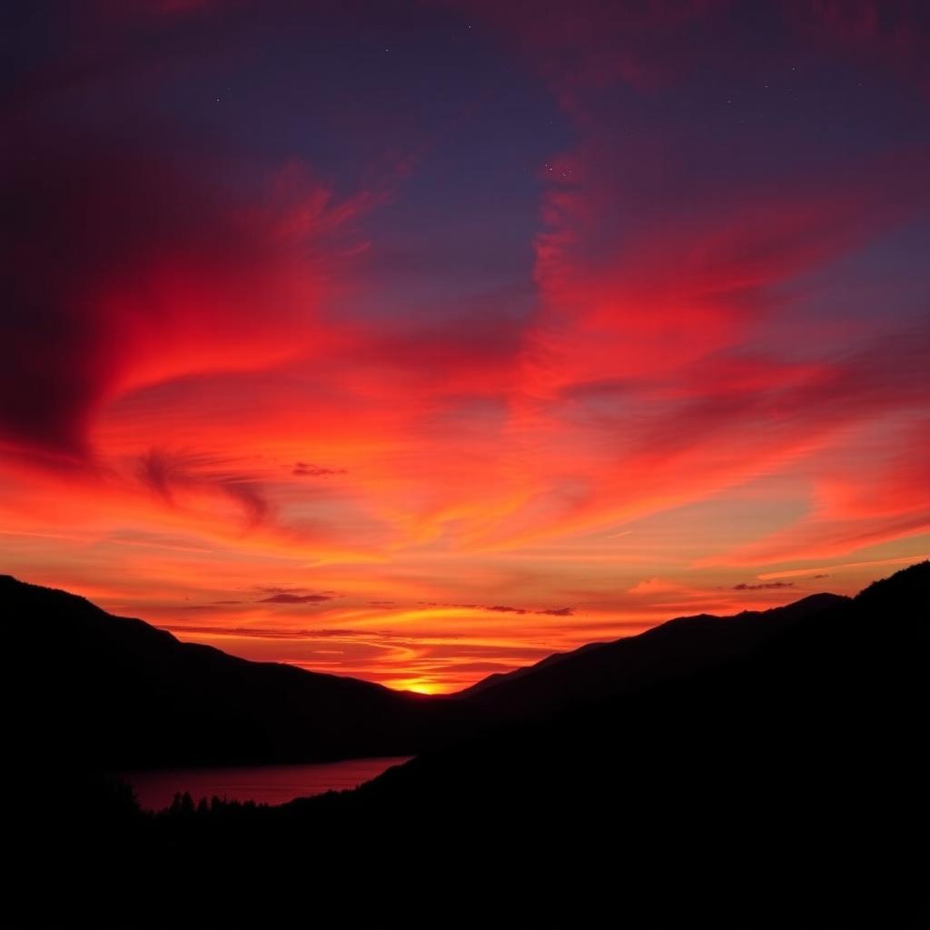 A breathtaking scene of a bloody sunset, with deep red and orange hues blending together in the sky as the sun dips below the horizon