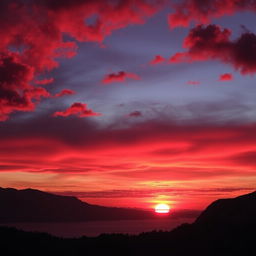 A breathtaking scene of a bloody sunset, with deep red and orange hues blending together in the sky as the sun dips below the horizon