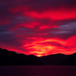 A breathtaking scene of a bloody sunset, with deep red and orange hues blending together in the sky as the sun dips below the horizon
