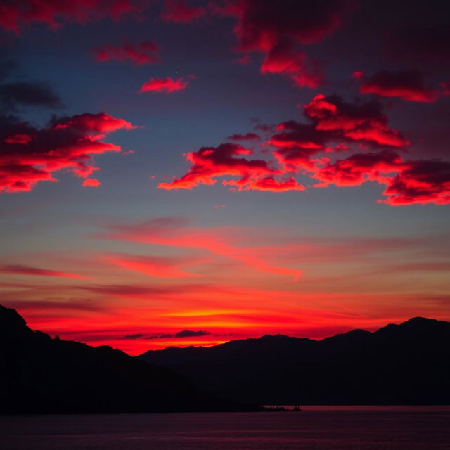 A breathtaking scene of a bloody sunset, with deep red and orange hues blending together in the sky as the sun dips below the horizon