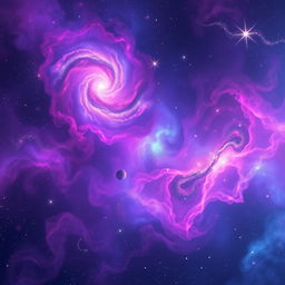 A stunning cosmic background filled with vibrant colors of deep space, showcasing swirling galaxies, sparkling stars, and nebulae