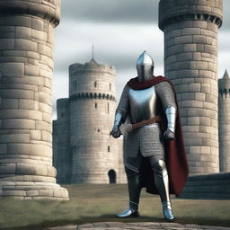 Generate an image of a medieval soldier, armed with a long sword and shield, standing stoically in front of an ancient castle under a gray overcast sky