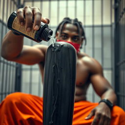 A close-up shot of a muscular African American gang member sitting in a prison cell